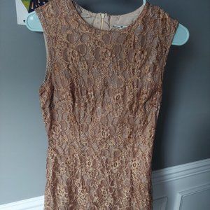 Golden lacy sheath mesh overlay dress Rampage, size 4-6